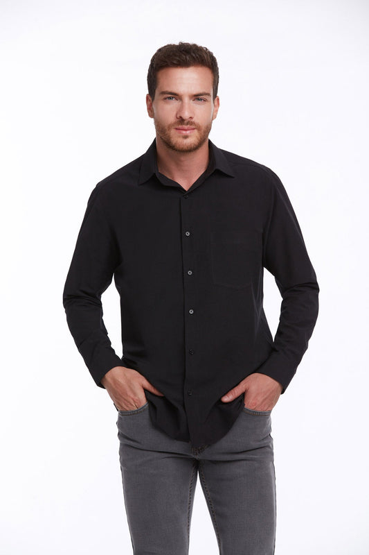 Black long-sleeved button-down shirt with a classic collar and subtle texture.
