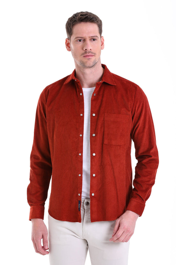 Comfort Fit Long Sleeve Plain Cotton Brick Red Casual Shirt