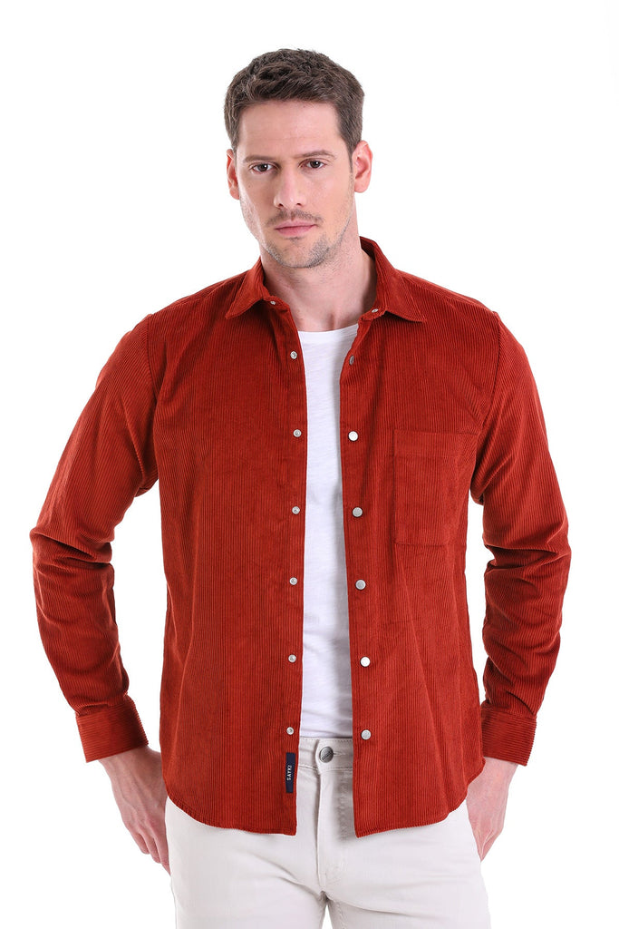 Comfort Fit Long Sleeve Plain Cotton Brick Red Casual Shirt