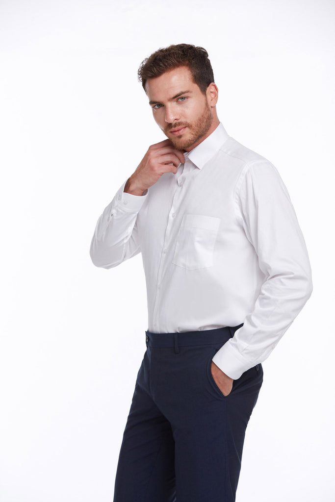 Comfort Fit Long Sleeve Plain Cotton White Dress Shirt -