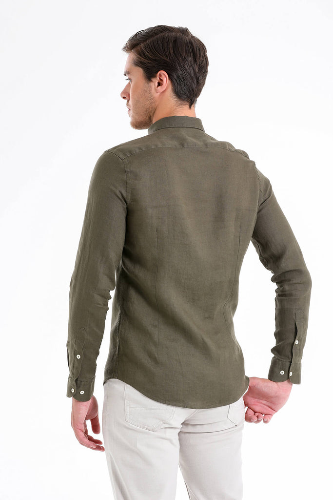 Comfort Fit Long Sleeve Plain Linen Beige Casual Shirt - MIB