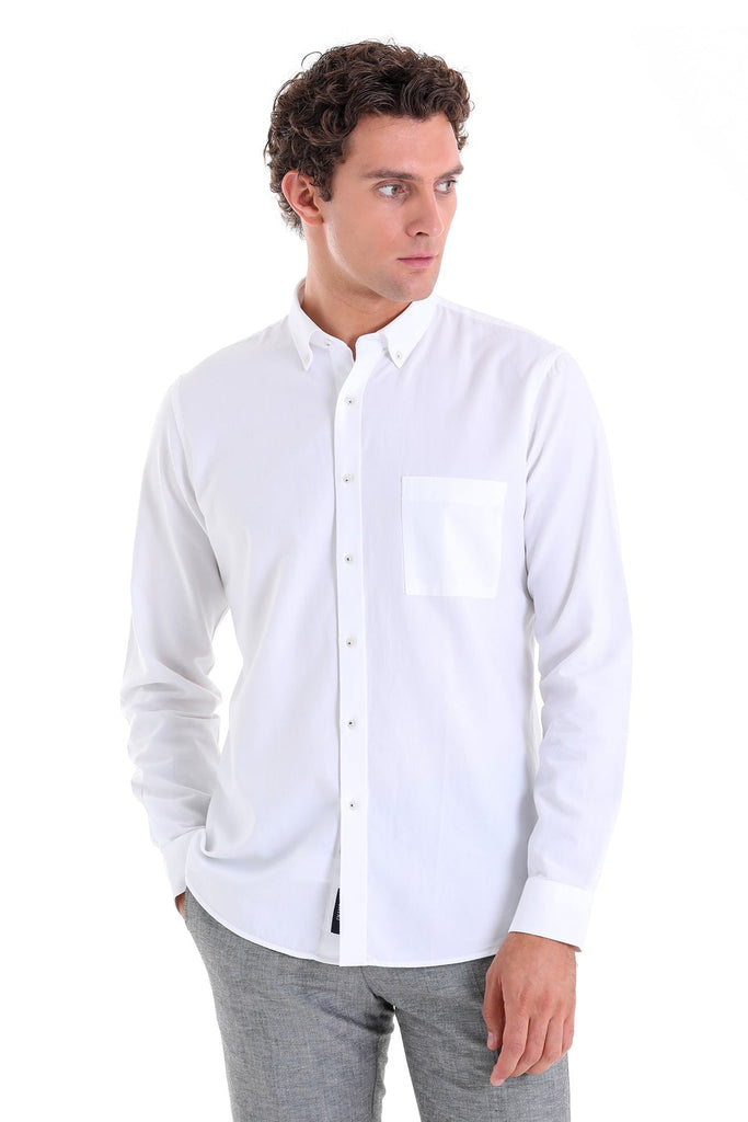 Comfort Fit Long Sleeve Plain Oxford Cotton Green Casual