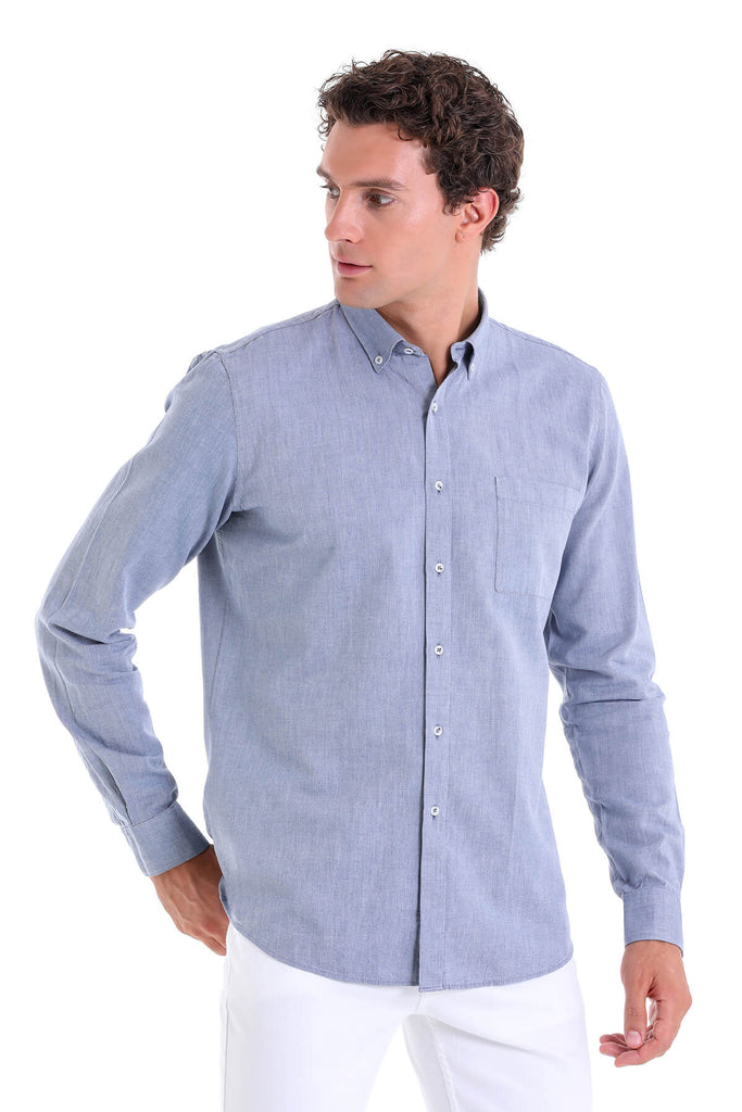 Comfort Fit Long Sleeve Plain Oxford Cotton Green Casual