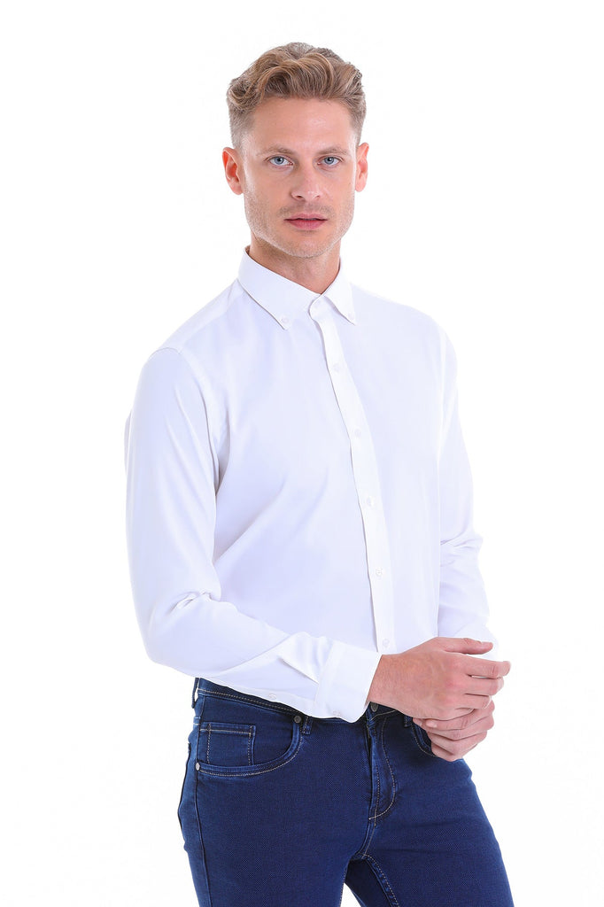 Comfort Fit Long Sleeve Plain Polyester Blend White Casual