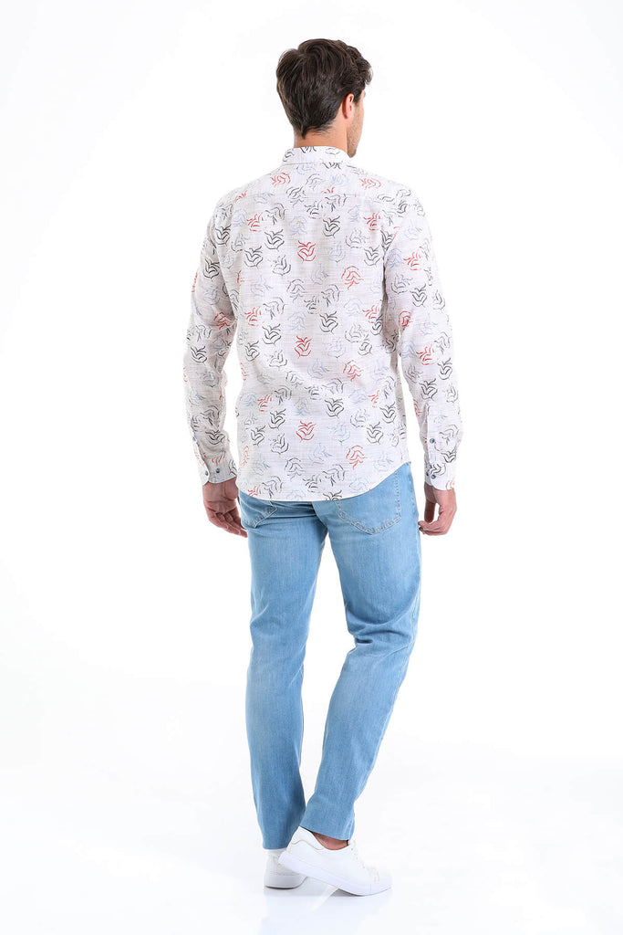 Comfort Fit Long Sleeve Printed Cotton Beige Casual Shirt -