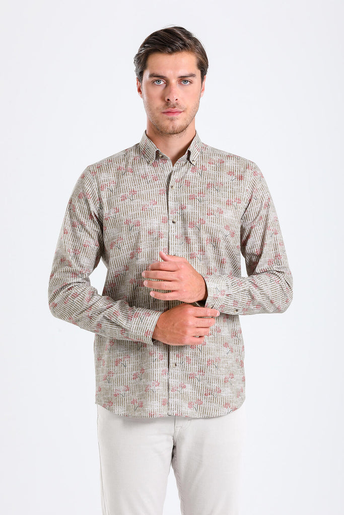 Comfort Fit Long Sleeve Printed Cotton Beige Casual Shirt