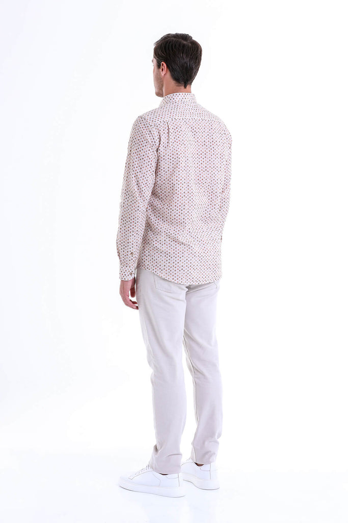Comfort Fit Long Sleeve Printed Cotton Brick Casual Shirt -