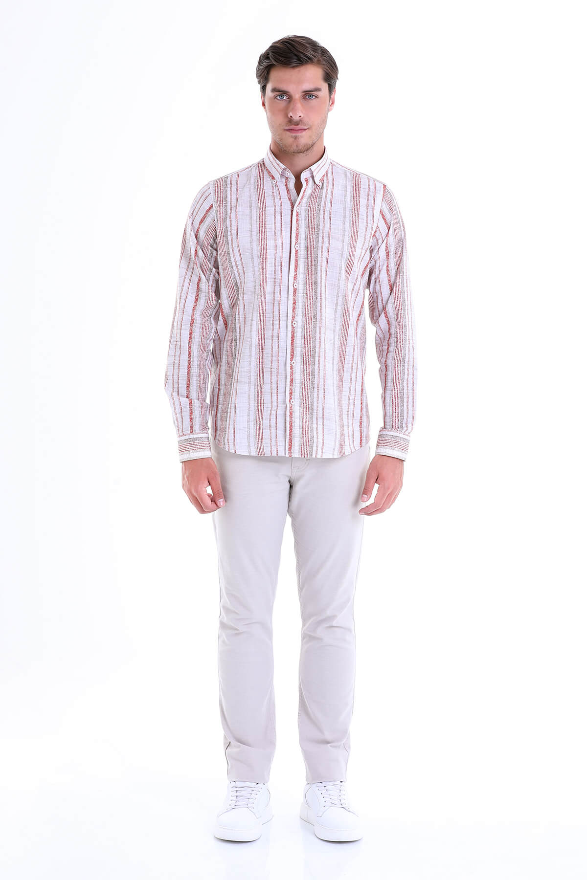 Comfort Fit Long Sleeve Printed Cotton Brick Casual Shirt