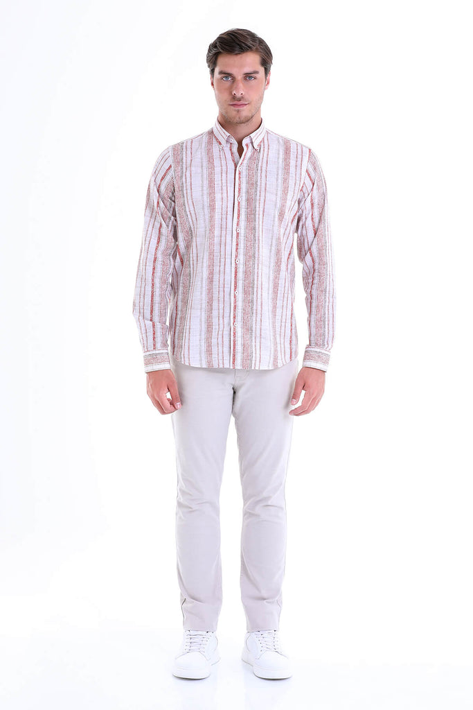 Comfort Fit Long Sleeve Printed Cotton Brick Casual Shirt -