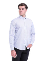 Light blue and white patterned men’s dress shirt with a subtle geometric design.