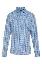 Light blue button-down shirt with a subtle dark blue floral pattern.