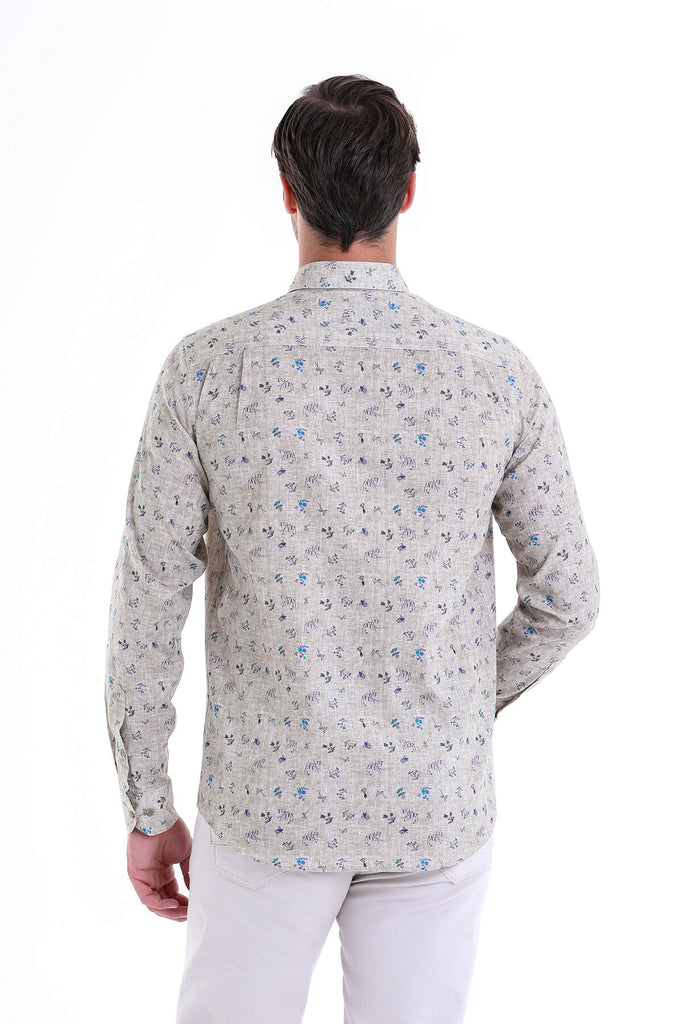 Comfort Fit Long Sleeve Printed Cotton Khaki Casual Shirt