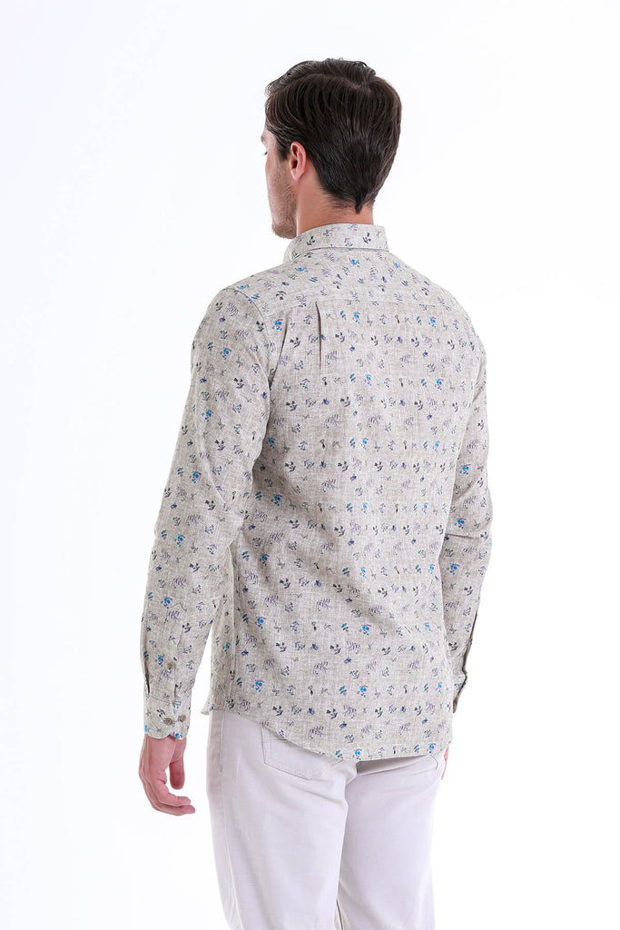 Comfort Fit Long Sleeve Printed Cotton Khaki Casual Shirt