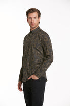 Dark green long-sleeved button-up shirt with a subtle floral pattern in lighter shades.