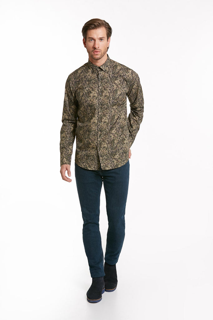 Comfort Fit Long Sleeve Printed Cotton Khaki Casual Shirt -