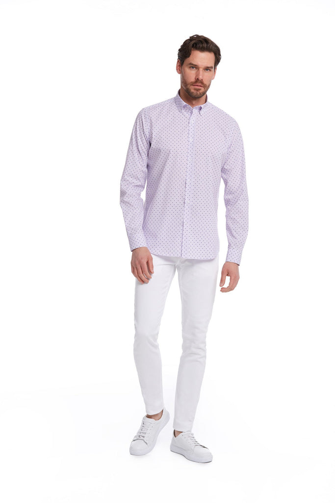 Comfort Fit Long Sleeve Printed Cotton Lilac Casual Shirt -