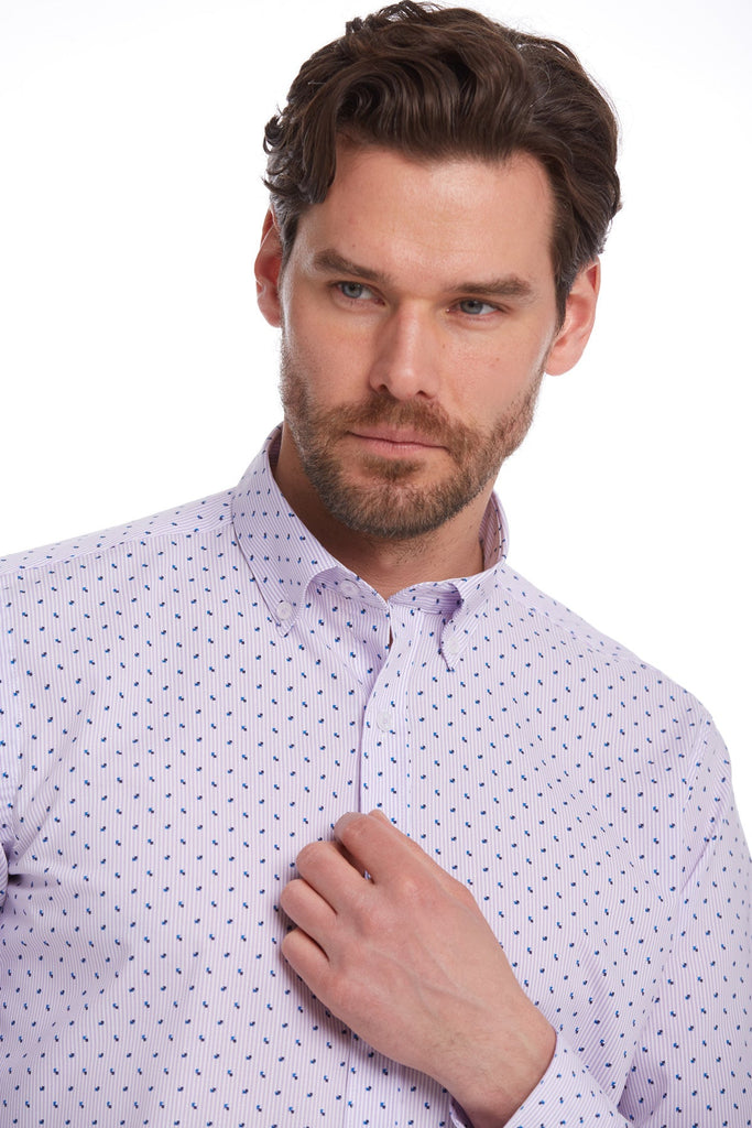 Comfort Fit Long Sleeve Printed Cotton Lilac Casual Shirt -