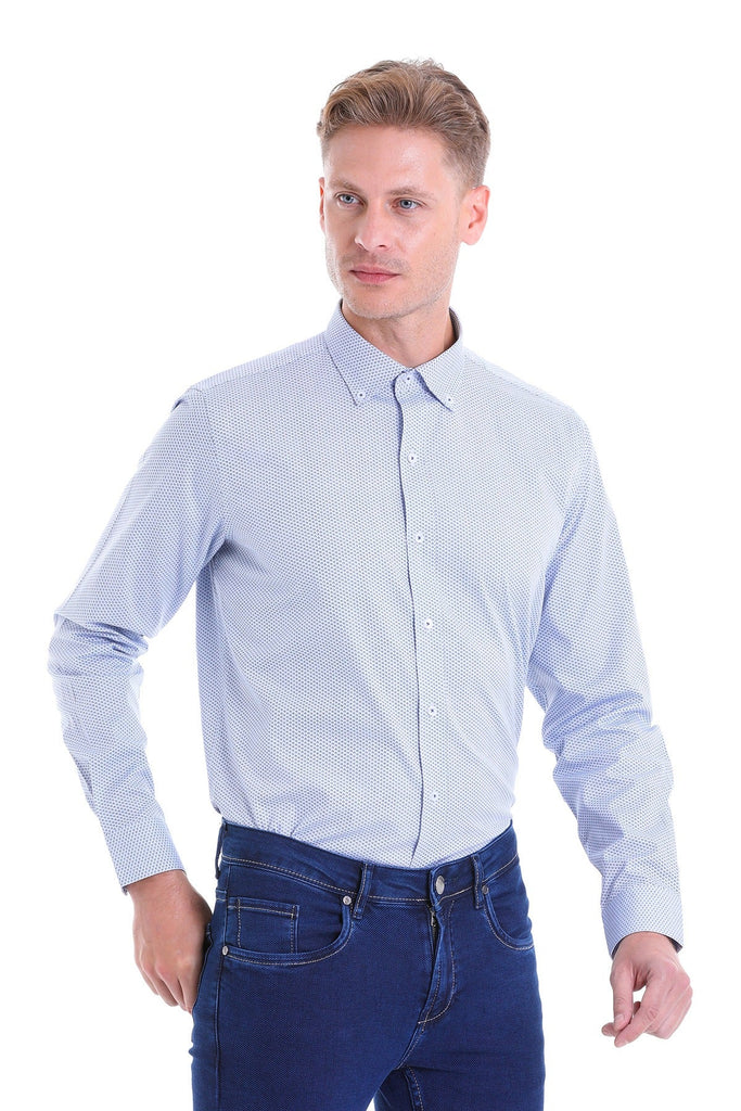 Comfort Fit Long Sleeve Printed Cotton Navy Casual Shirt