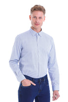Light blue long-sleeved button-down shirt with a subtle white dot pattern.