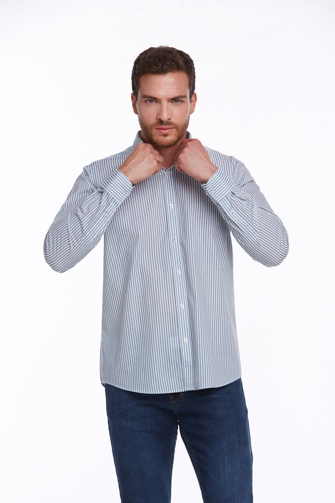 Comfort Fit Long Sleeve Striped Cotton Blue Casual Shirt