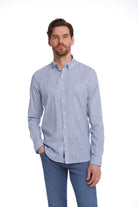 A men’s long-sleeved button-down shirt with vertical blue and white stripes, featuring a classic collar and neatly folded cuffs.