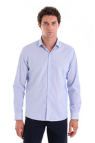 Light blue, long-sleeved men’s dress shirt with a classic collar and button-down front.