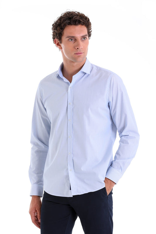 A light blue, long-sleeved men’s dress shirt with a classic collar and button-down front.