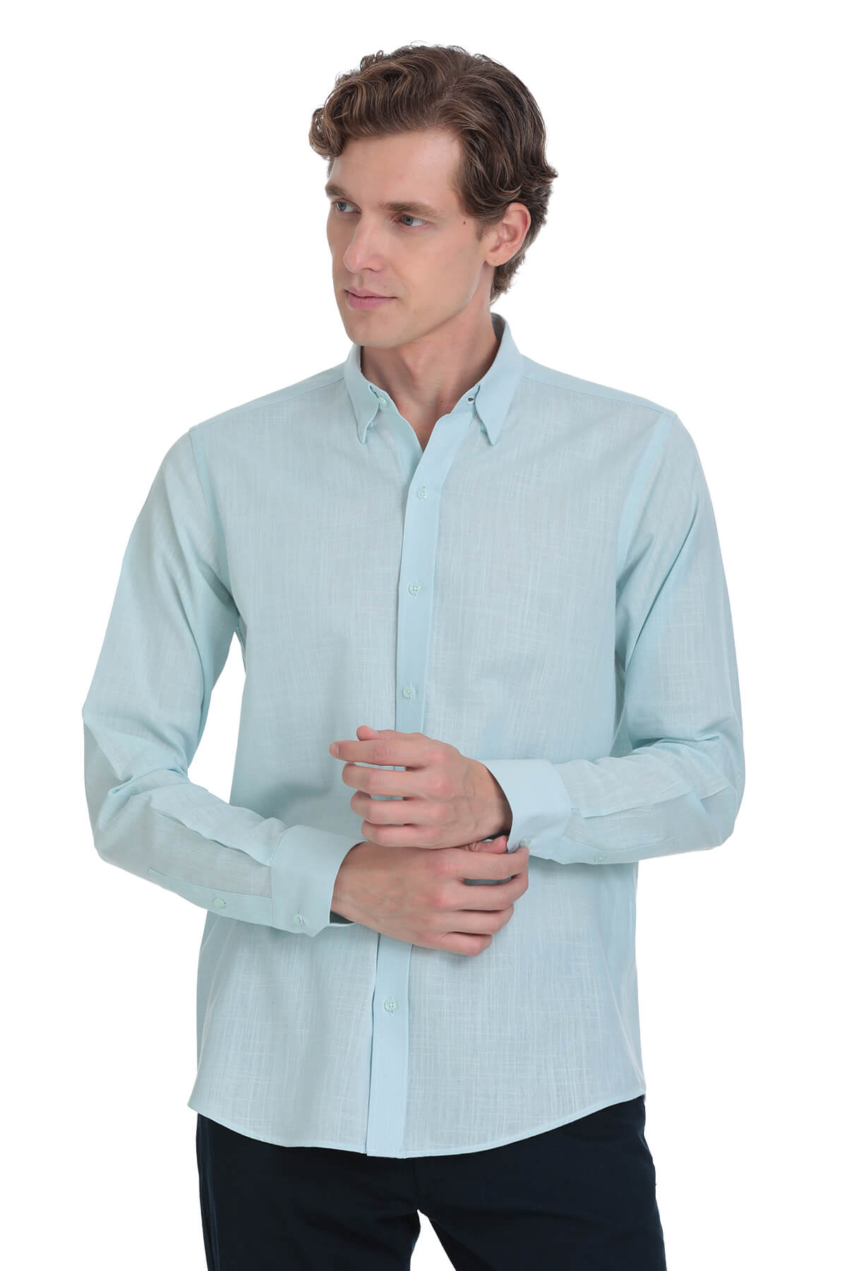 A light blue, long-sleeved button-down shirt with a classic collar and neatly pressed fabric.