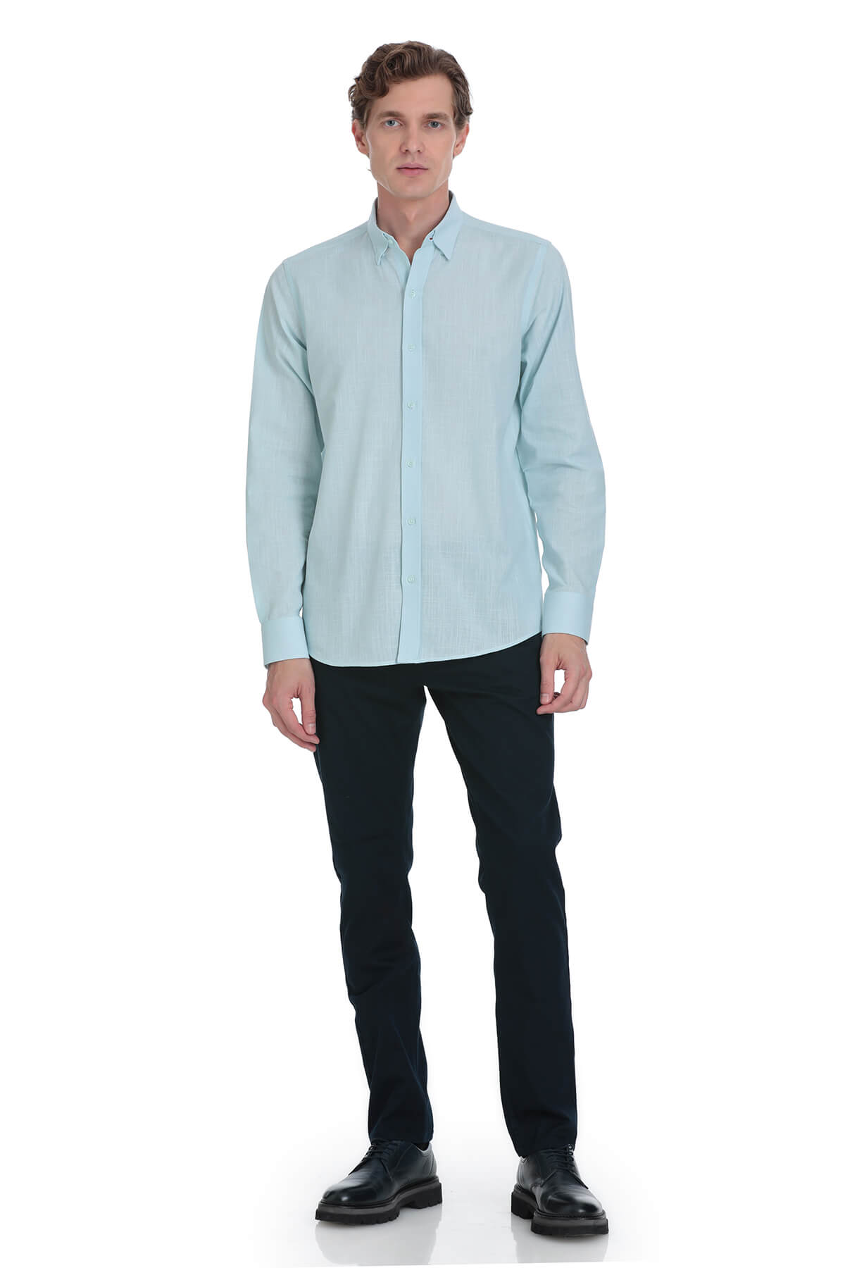 A light blue, long-sleeved button-down shirt with a classic collar and neatly pressed fabric.