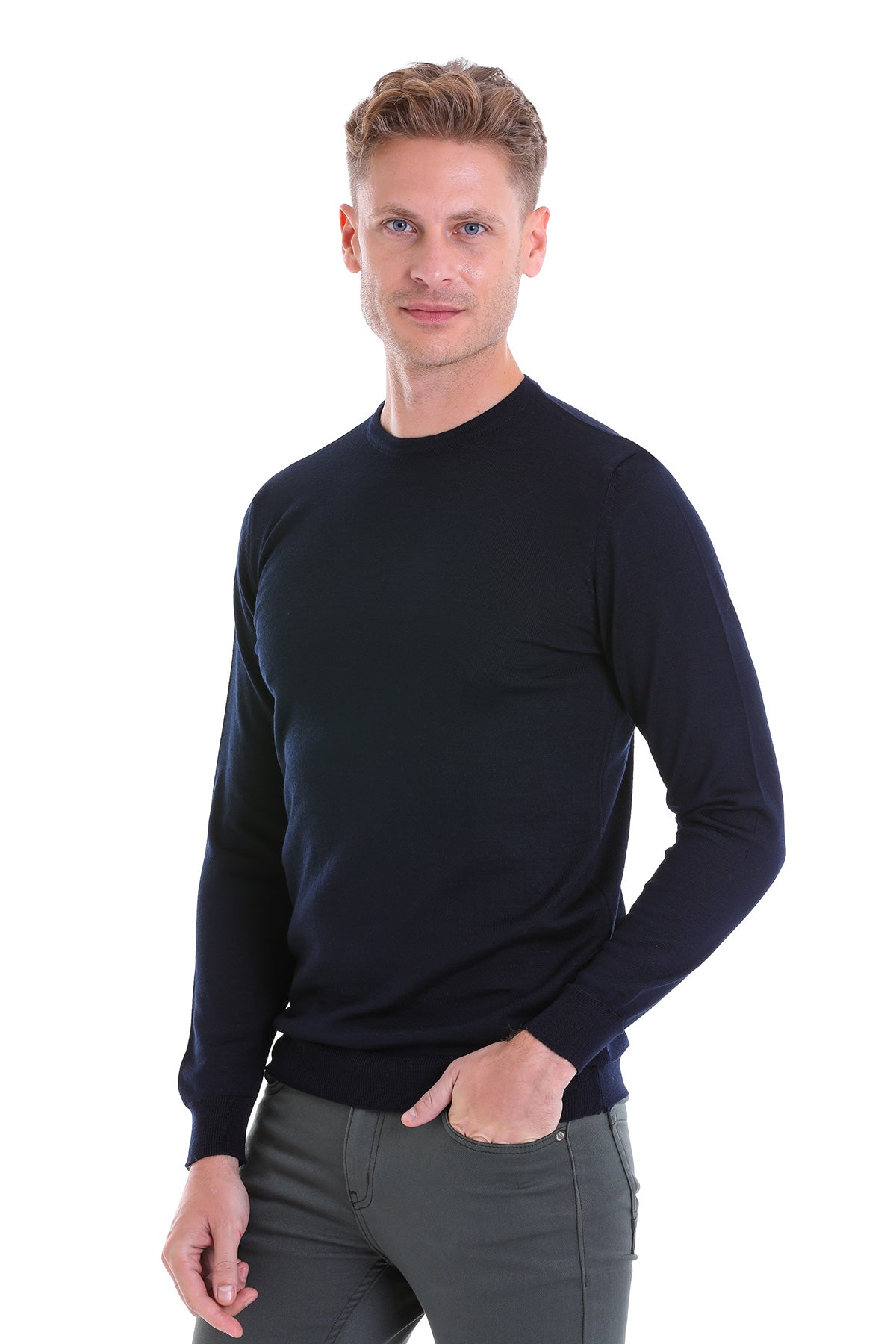 A sleek navy blue long-sleeved sweater with a classic crew neck and smooth, fitted knit fabric.