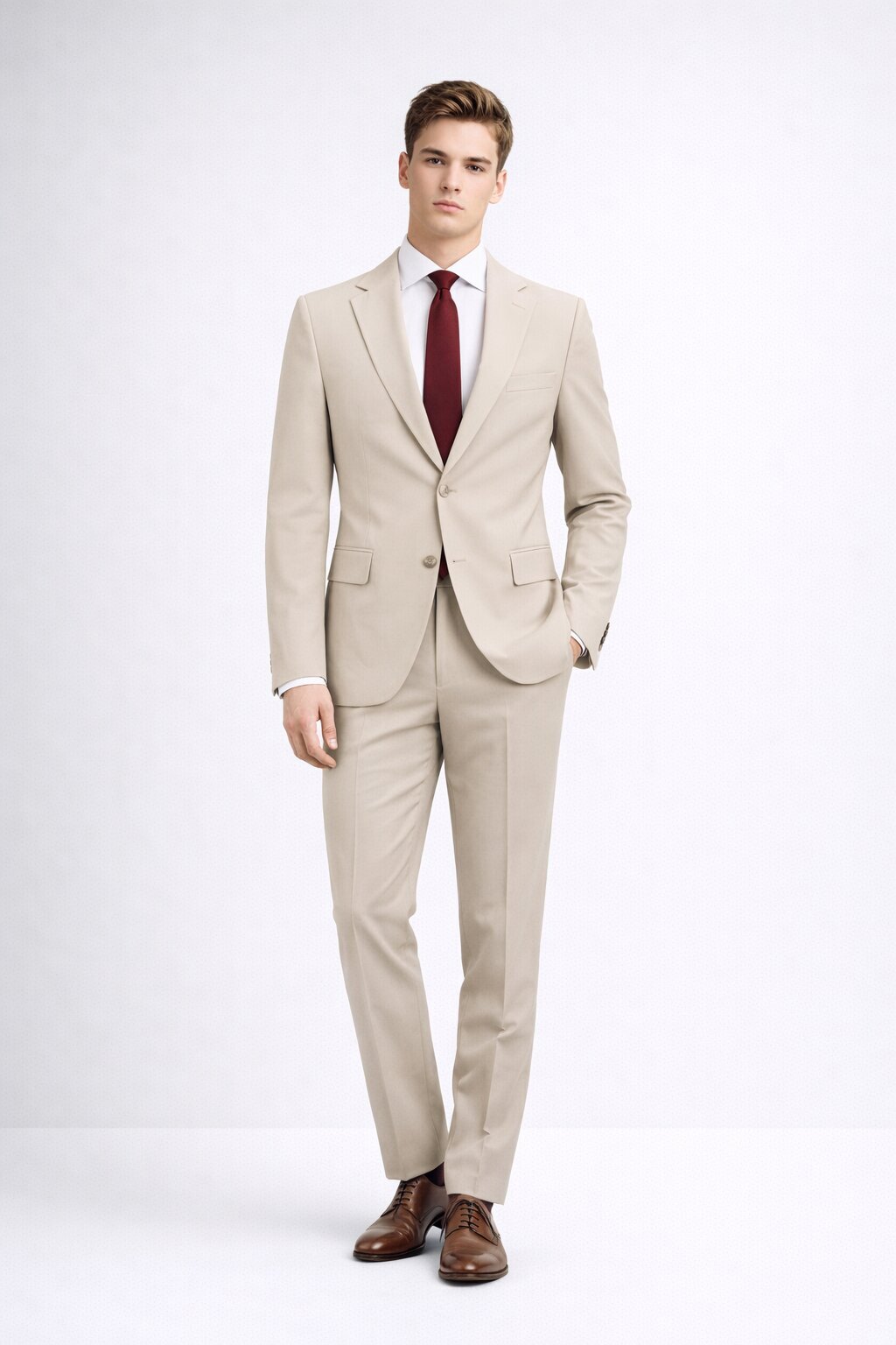 Beige two-piece comfort fit notch lapel suit with tailored fit, structured shoulders, and clean lines