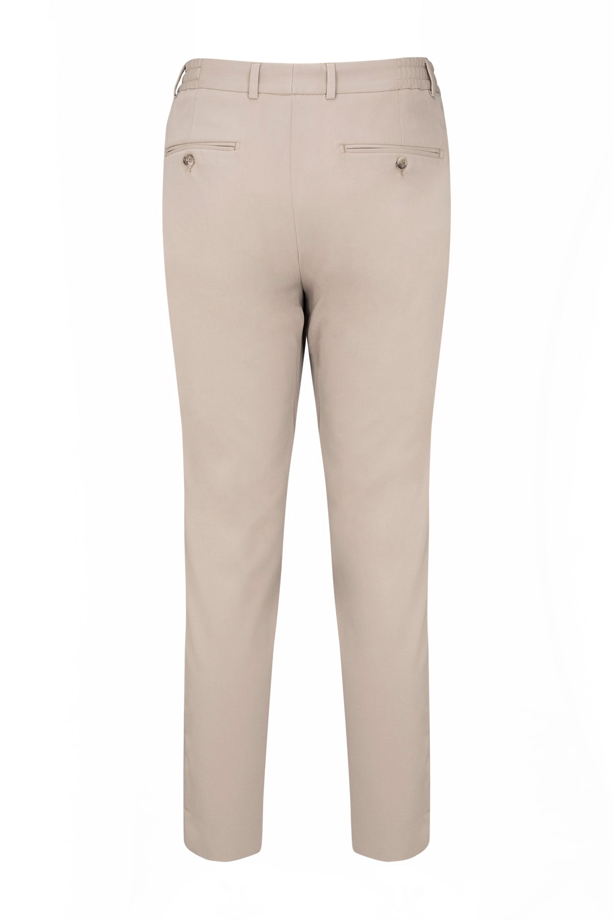 Beige tailored trousers with a sleek, straight-leg cut and subtle front pleats.