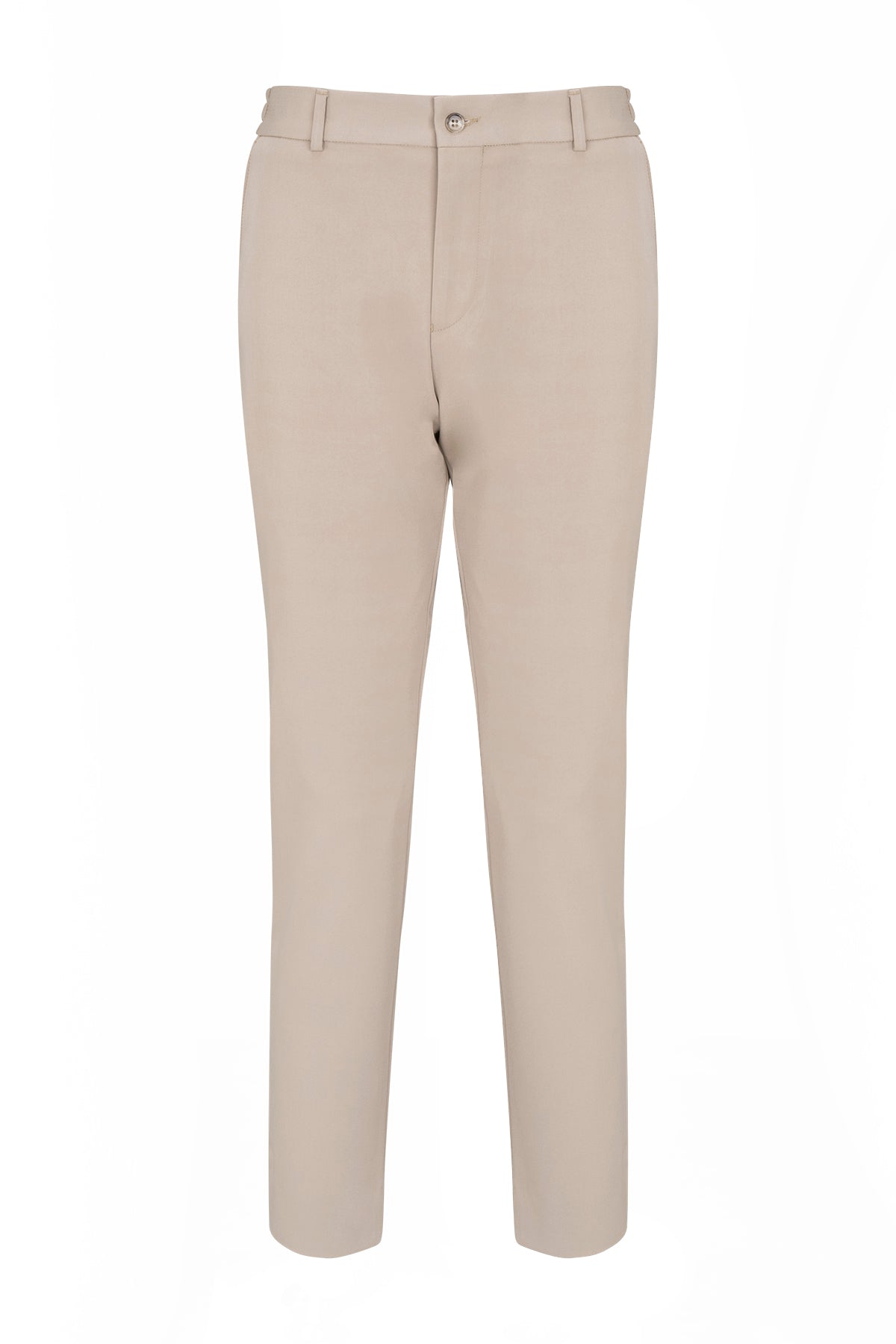 Beige tailored trousers with a sleek, straight-leg cut and subtle creasing at the front.