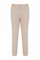 Beige tailored trousers with a sleek, straight-leg cut and subtle creasing at the front.