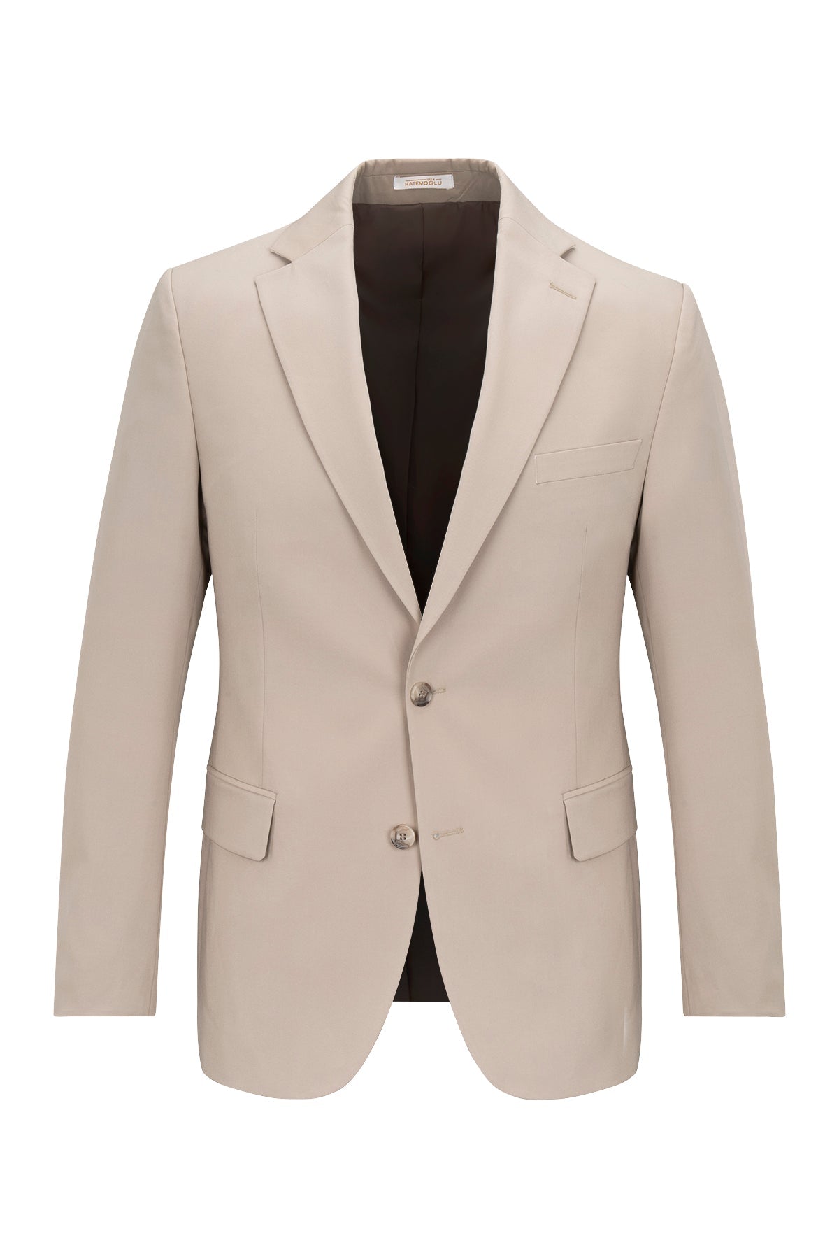 Beige tailored blazer with a sleek, modern cut and subtle texture.