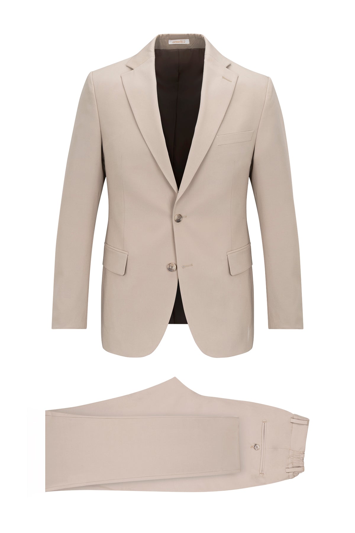 Beige two-piece suit with a tailored blazer and matching trousers, featuring subtle stitching details.
