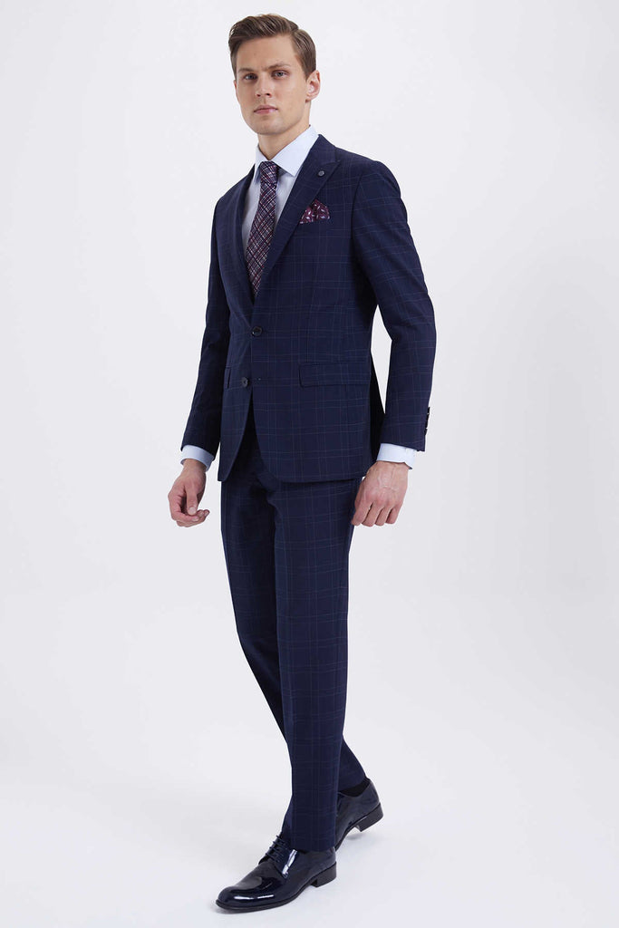 Comfort Fit Notch Lapel Checked Wool Navy Classic Suit - MIB