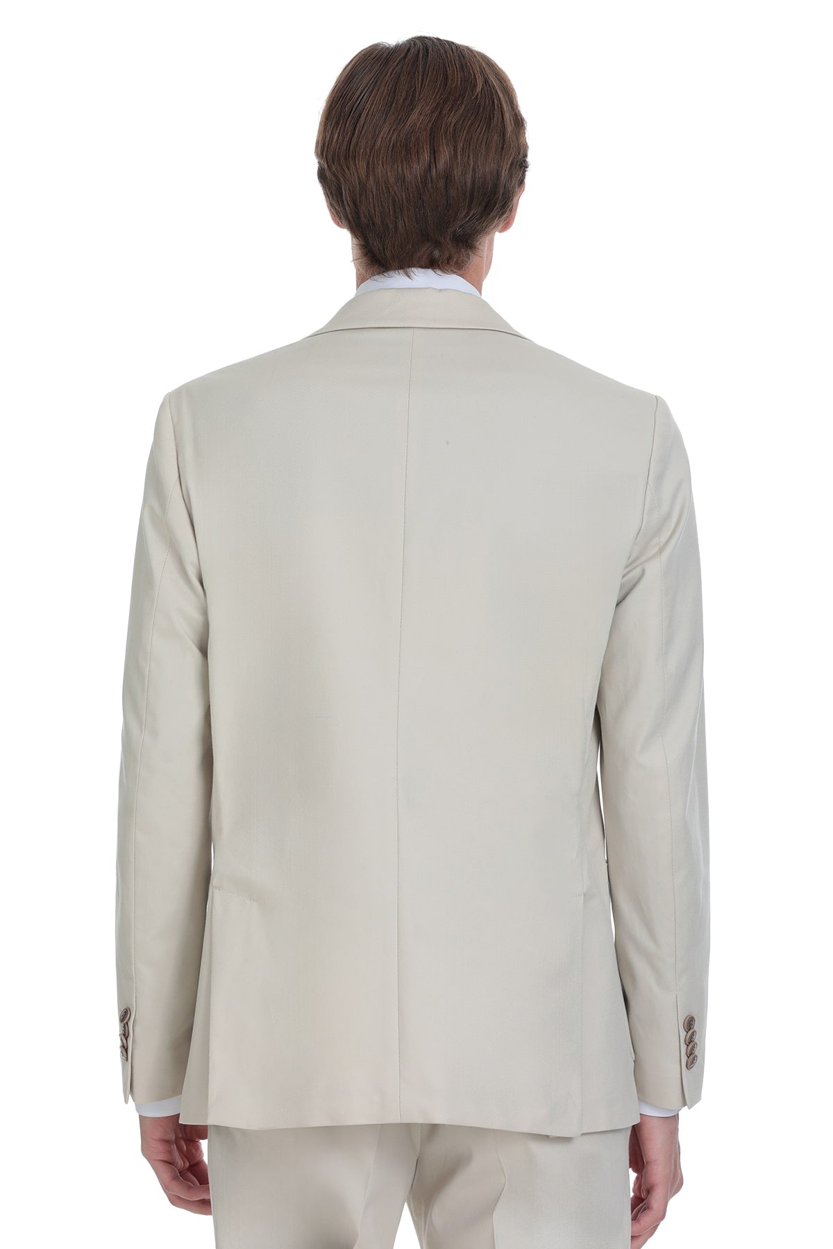 Beige tailored blazer with a clean, structured silhouette and subtle tonal contrast on the cuffs.