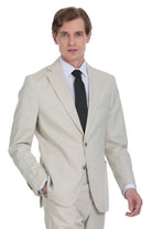 Beige two-button suit jacket with a tailored fit and subtle texture.