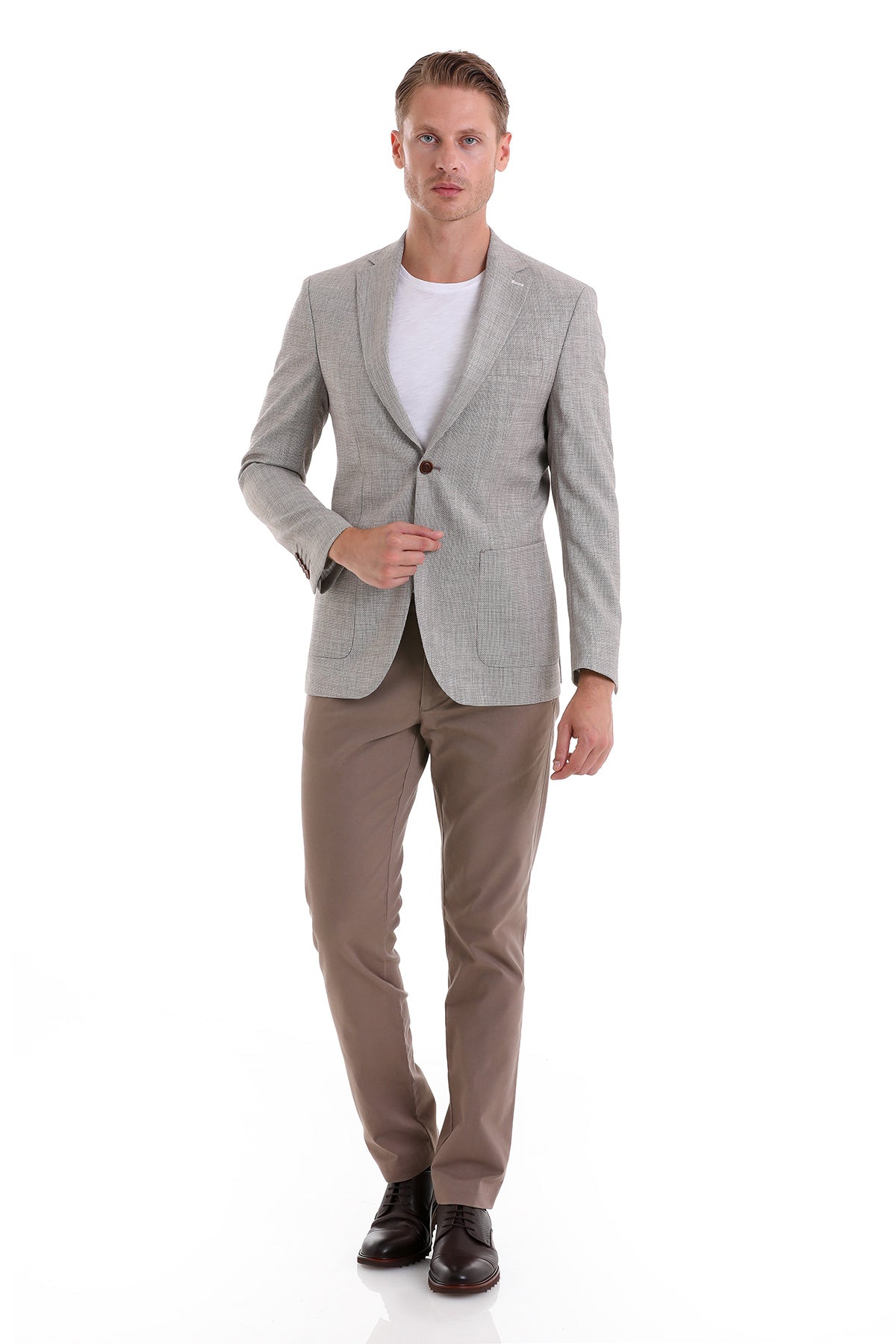 Comfort Fit Notch Lapel Light Brown Classic Blazer - SAYKI