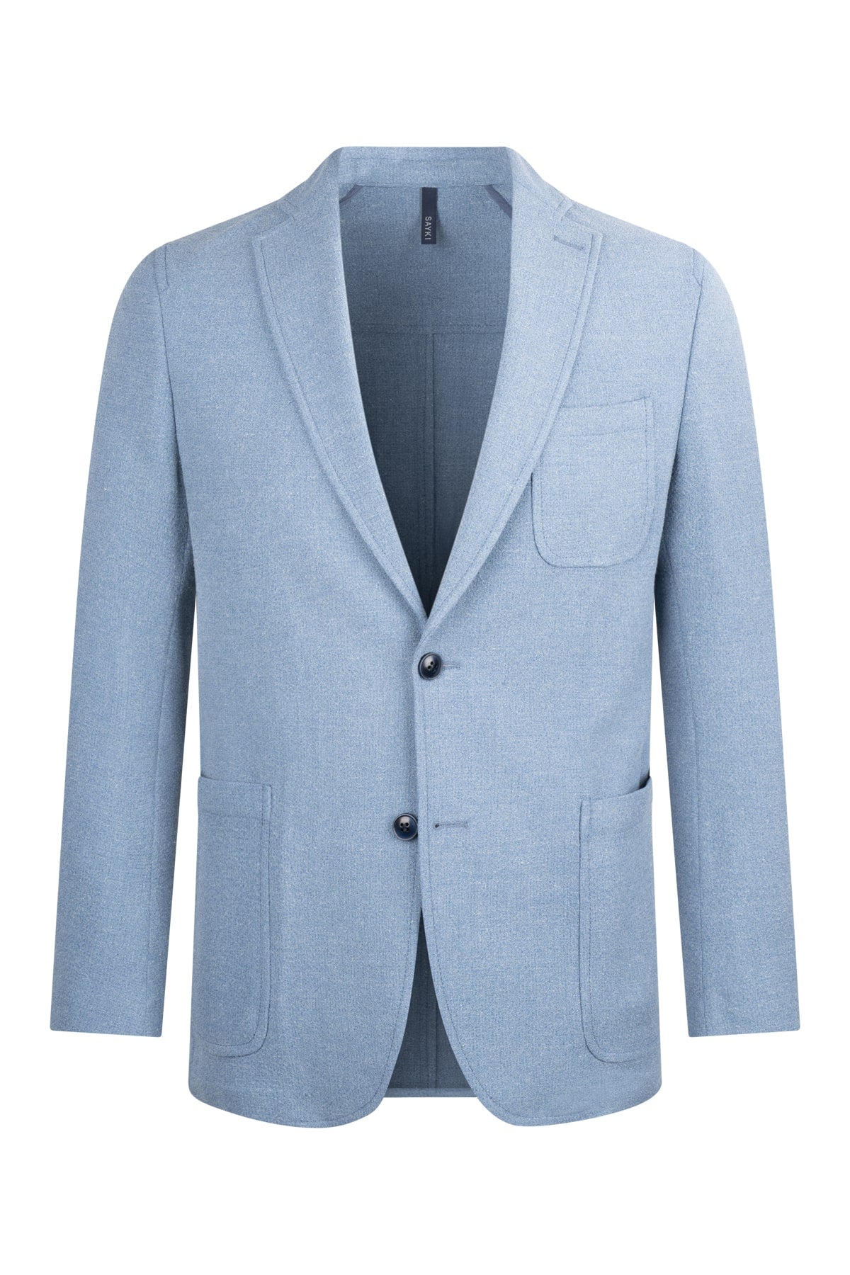 Light blue textured blazer with two dark buttons and a single breast pocket.