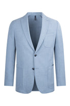 Light blue textured blazer with two dark buttons and a single breast pocket.
