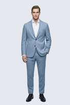 Comfort fit light blue notch lapel linen-blend blazer with tailored textured pattern and matching trousers