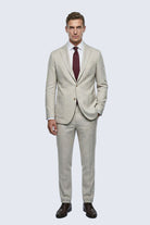 Beige textured wool comfort fit notch lapel blazer with two-button closure in linen-blend mink fabric