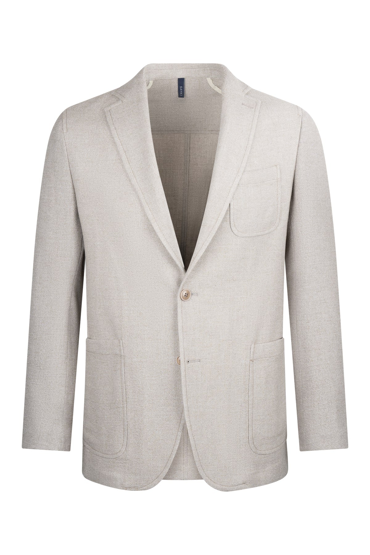 A light beige, textured linen blazer with a single button closure and two front flap pockets.
