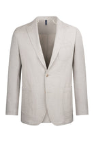 A light beige, textured linen blazer with a single button closure and two front flap pockets.