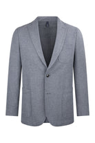 Gray textured blazer with a single button closure and two front pockets.
