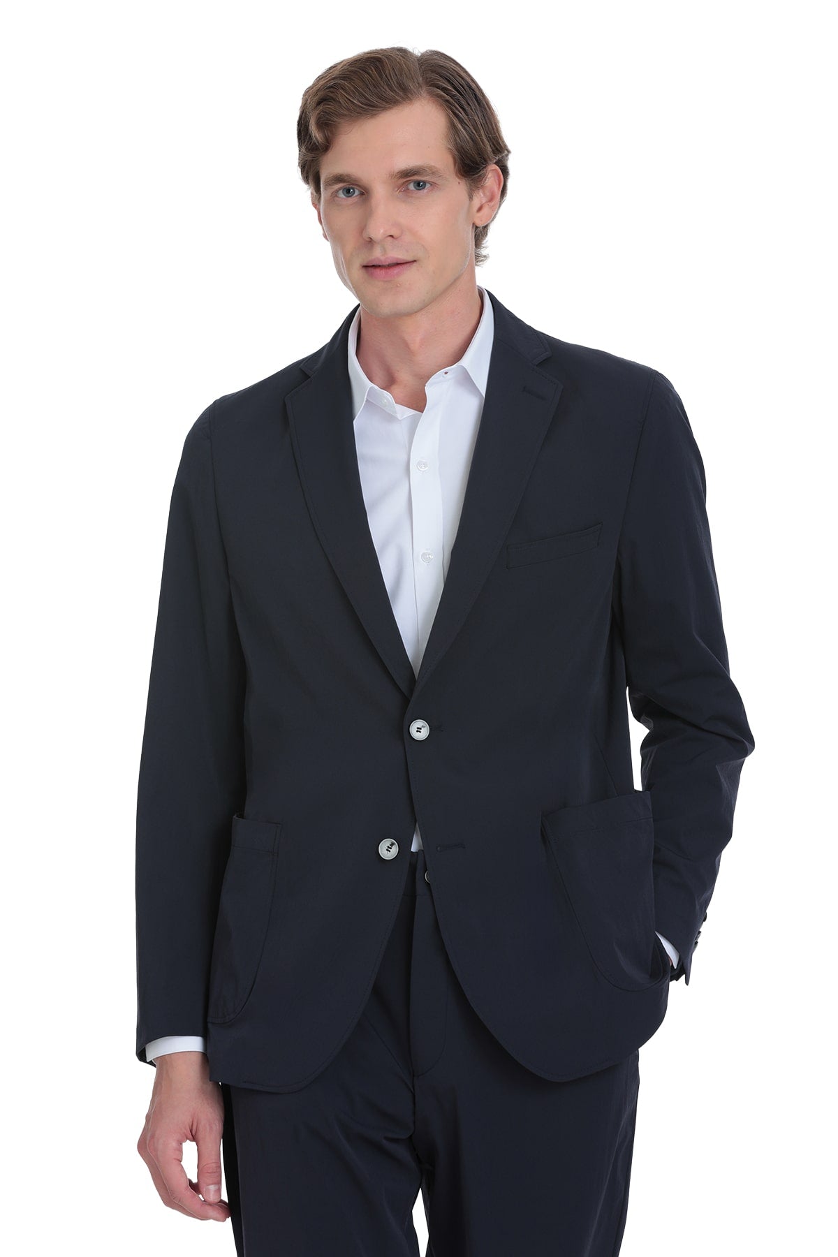 Navy blue tailored blazer with two-button closure and subtle texture