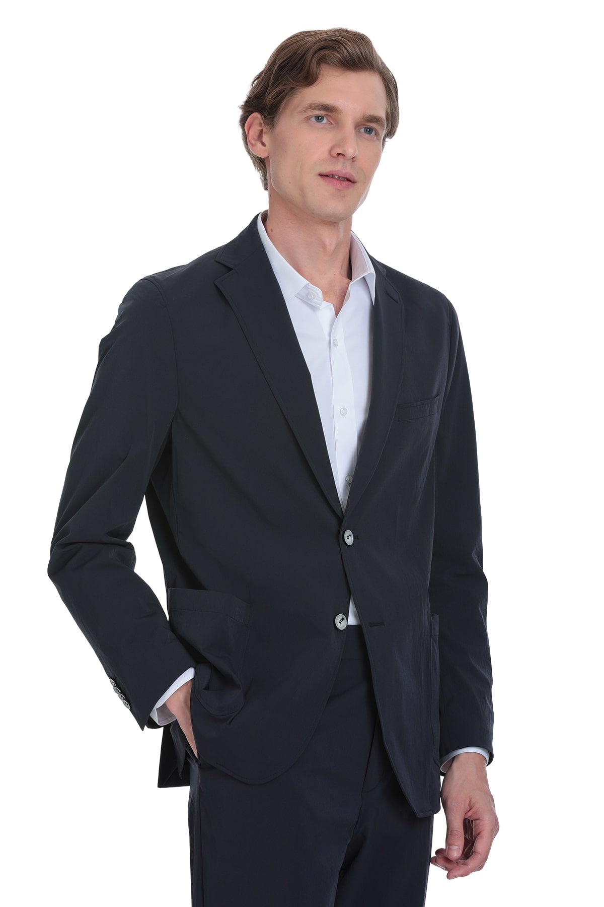Dark navy blazer with a sleek, tailored fit and two-button closure.