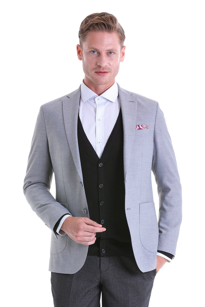 Comfort Fit Notch Lapel Patterned Wool Blend Gray Casual